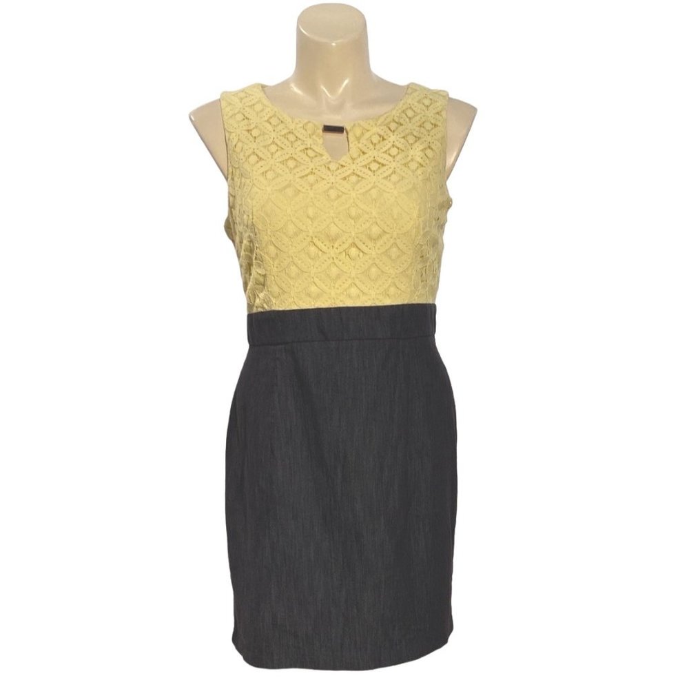 ALYX 16 Sheath Dress Washable Blue Denim Light Yellow Lace Overlay Keyhole Front